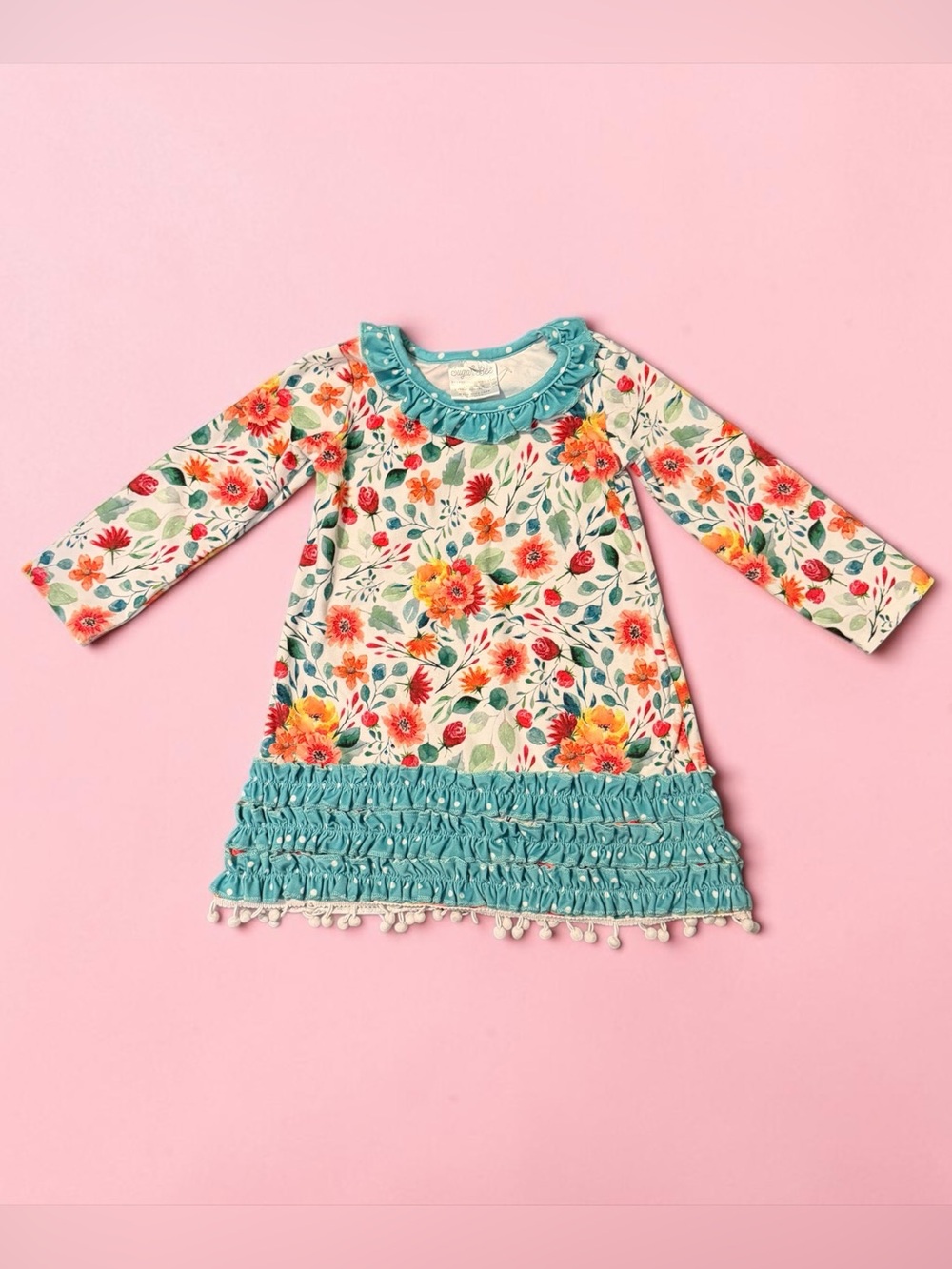 Sugar Bee 🐝 Floral Ruffle Dress in Teal, Cream, Red, Yellow